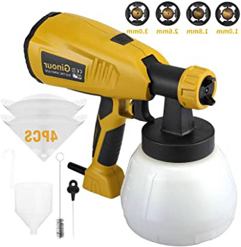Ginour Pistola de pintura, Gran capacidad 1300ML, Pistola de pulverización HVLP, 3 modos de pintura, 4 boquillas de cobre puro, 4 filtros fumigación fina para mejores resultados