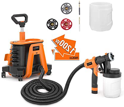 Pistola de Pintura 1200W, 2 Recipientes de 1200ML, Pistola de Pulverización Tacklife SGP17AC Flujo de Pulverización 1100ml/min, 3 Modos con 3 Boquillas de Cobre, Rueda Universal