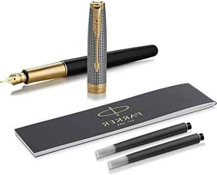 Parker Sonnet - Pluma estilográfica (de plata grabada y lacada en negro, con adorno bañado en oro y plumín mediano de 18 K, en estuche)