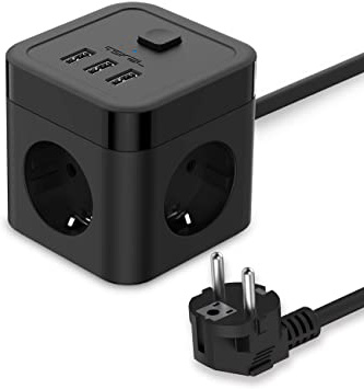 JSVER Cube Regleta Enchufe con USB de 3 Tomas con 3 USB Puertos Alargadera Electrica Protección Contra Sobretensiones para el hogar, la oficina y los ViajesCable 1.5 m Negro