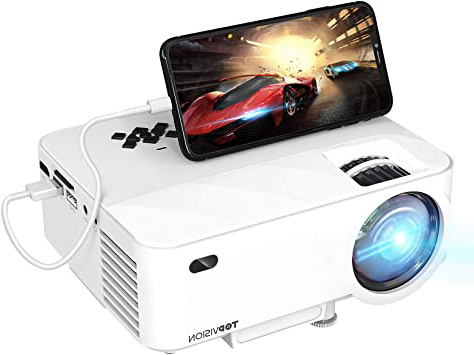 TOPVISION Mini Proyector con Pantalla de Espejo,Proyector Portátil de 4500 Lúmenes,Proyector Cine en Casa Full HD 1080P con Pantalla de 180",Proyector LED 60000 Horas Compatible con HDMI/USB/SD/AV/VGA