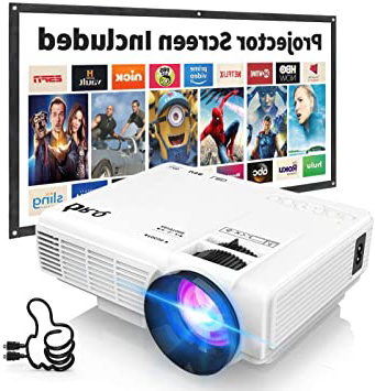 Proyector DR.Q HI-04 con Pantalla de Proyección, 5000 Lux Proyector de Video Soporta 1080P HD, Proyector Mini Compatible con TV Stick PS4 Xbox Wii HDMI VGA SD AV USB, Home Theater Proyector, Blanco.