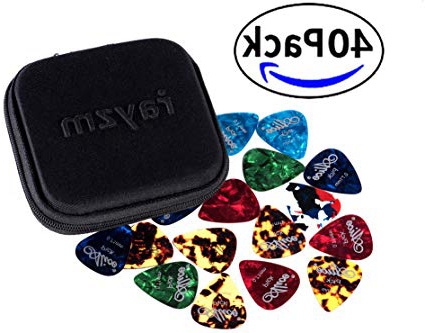 Rayzm Púas Pick Plectrums para guitarra 40 unidades con una caja resistente de almacenaje,Picks Premium de celuloide para guitarra, bajo, varios colores y 6 grosores 0,46/0,71/0,81/0,96/1,20/1,50mm