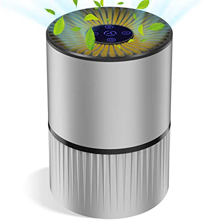 Purificador de Aire para Hogar Oficina 4 en 1 Filtro HEPA Carbón Activado,con Purificación de Iones Negativos, Aromaterapia, Luz Nocturna y Temporización para Mascotas/Humo/Gérmenes/Polvo (Gris)