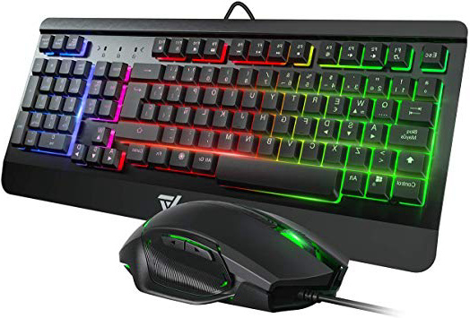 VicTsing Teclado Gaming LED, Teclado y Ratón para Juegos con Cable, Rainbow Retroiluminación con 12 Teclas Multimedia y 19 Teclas Anti-ghosting, Raton Gaming Programable 6 Botón dpi 3200 Ajustable