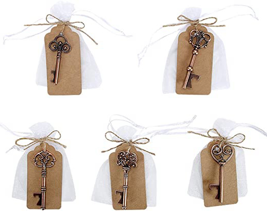 GoMaihe Clave Abrebotellas 50Pcs, Llavero con 5 Estilos de Abrebotellas Retro, Bolsa Transparente, Etiqueta de Regalo, Decoración de Mesa de Boda Cumpleaños, Abrebotellas de Cerveza de Boda