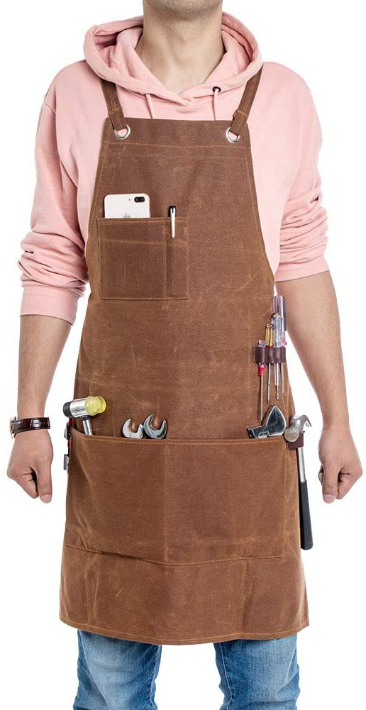 Delantal de trabajo para hombre de trabajo, resistente, lona encerada, ajustable, con 3 bolsillos grandes para ingenieros, carpintero, manualidades, cocina, jardín, cerámica, taller de artesanía