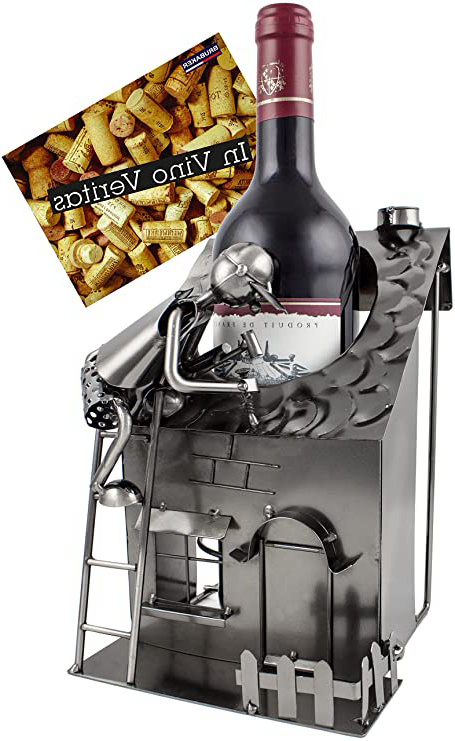 Brubaker – Soporte para botellas de vino en forma de casa con techador, escultura de metal con tarjeta de regalo