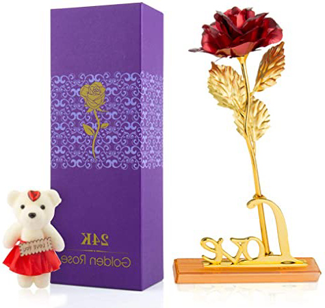 WolinTek Hoja de Oro 24K Rosa,Rosa 24 K Chapado en Oro Rosa Flor con Caja de Regalo Mejor Regalo para el día de San Valentín Día de la Madre Navidad cumpleaños Dorado (A)