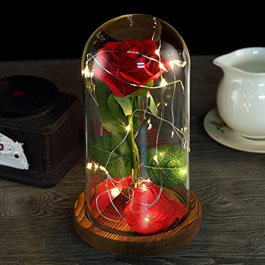 "La Bella y la Bestia" Rose Kit Rosa de Seda roja y luz LED con pétalos caídos en cúpula de Cristal Sobre una Base de Madera, Mejor Regalo para el día de San Valentín, Boda, Aniversario, cumpleaños