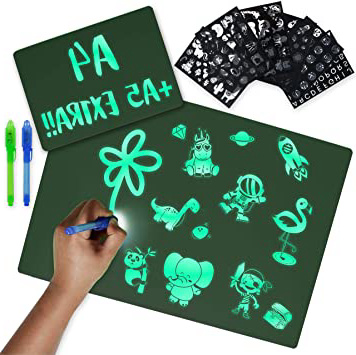 BONNYCO Pizarra Mágica con Luz A4 y A5, 6 Plantillas, 2 Bolis Espía Juguetes para Niños y Niñas 3 4 5 6 7 8 9 10 11 Años | Pizarra Luminosa, Regalos para Niños Originales Cumpleaños y Navidad