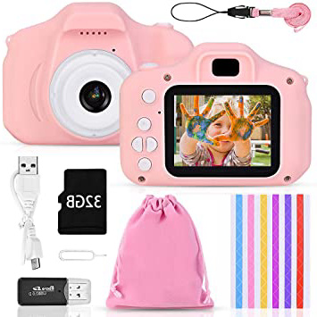 Faburo Set de Cámara de Fotos Digital para Niños, Cámara Infantil con Tarjeta de Memoria Micro SD 32GB, Cámara Digital Video Cámara Infantil para Niños Regalos deCumpleaños, 1080P, Rosa