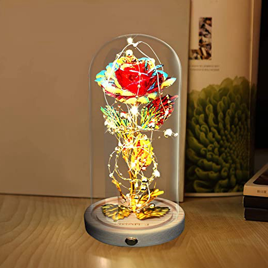 E-MANIS La Bella y la Bestia Rosas,Lámina de Oro Rojo Rosa en Cúpula de Cristal 2 Modos de Luz con Cuentas Doradas en Base de Madera para Navidad,San Valentín y Otros Festivales Regalo Romántica