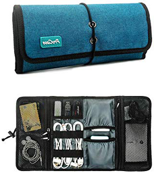 ProCase Bolsa Organizadora de Accesorios Electrónicos, Estuche de Transporte de Artilugios Pequeños Cargador Cables USB Tarjetas de Memoria SD Auriculares Disco Duro -Azul