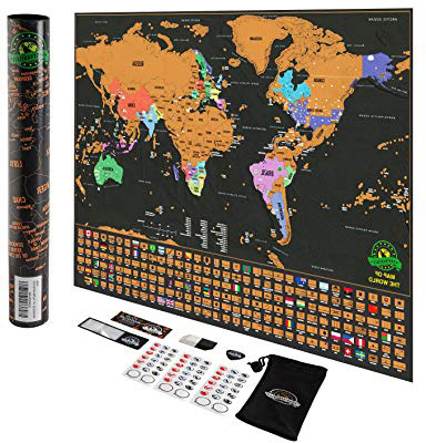 Mapa del mundo para rascar - Con los estados de EEUU y con banderas, registra tus aventuras. Incluye rascador y pegatinas para recordar, el regalo perfecto para viajeros, de Earthabitats (TM)