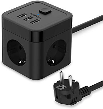 JSVER Cube Regleta Enchufe con USB de 3 Tomas con 3 USB Puertos Alargadera Electrica Protección Contra Sobretensiones para el hogar, la oficina y los ViajesCable 1.5 m Negro