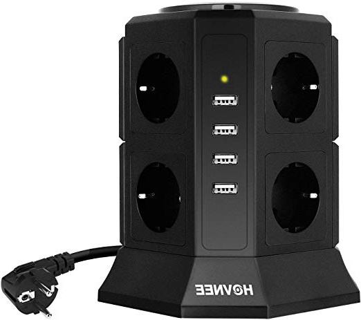 HOVNEE Regleta Vertical Enchufes de 8 Tomas Corrientes y 4 Rápida USB Tomas, Alargadora Cable de 2m con Protección y Interruptor, Base Múltiple, Tapón de Seguridad, 2500W/10A (12-EN-1)