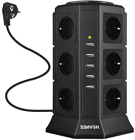 HOVNEE Regleta Vertical Enchufes de 12 Tomas Corrientes y 5 Rápida USB Tomas, Alargadora Cable de 2m con Protección y Interruptor, Base Múltiple, Tapón de Seguridad, 2500W/10A (17-EN-1)