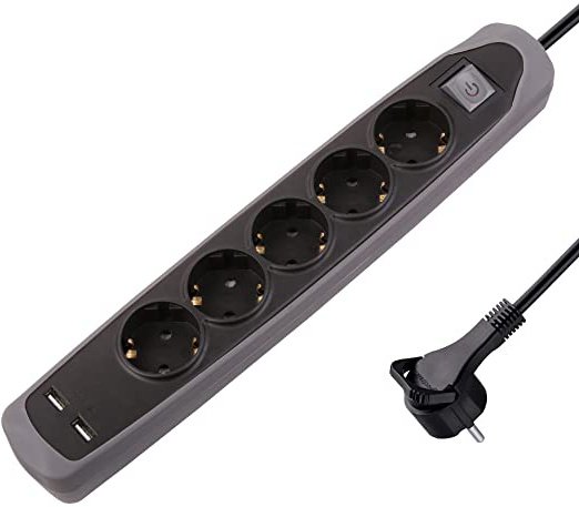 Electraline Gummy 62156 Regleta Base 5 Enchufes y 2 USB 2.1A - Cover de silicona - cable 2 m clavija plana