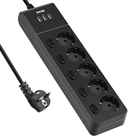 BEVA Regleta Enchufes de 5 Tomas Corrientes y 3 Rápida USB Tomas, Power Strip con Interruptor Independiente y Protección Contra Sobrecarga, 2500W / 10A
