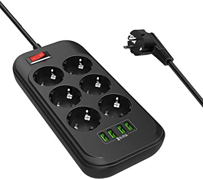 Regleta Enchufes USB, HausFine Regleta Enchufes de 6 Tomas y 4 Puertos de USB, 2 Metros linea, Regleta con Protección Contra Sobretensiones