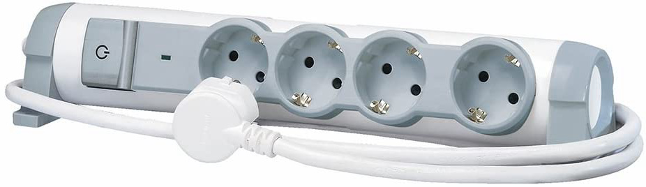 Legrand, 694651 Bases Múltiples Confort y Seguridad Regleta con 4 enchufes, Protección contra Sobretensiones, cable de 1.5 mts, 4 Tomas Corriente, color Blanco/Gris