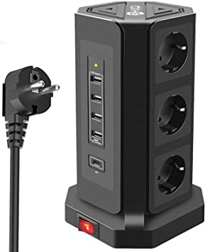 Te-Rich 18W Carga Rapida USB-C Enchufe Relgeta Vertical Torres Toma de Corriente 9 Regletas con 5 Puertos USB (1 USB-C e 4 USB-A) 3M Cable de protección contra sobrevoltaje y sobretensiones 2500W/10A