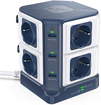 BESTEK 1500J Torres Regleta Enchufes de 8 Tomas UE y 6 Rapida USB, SPD Protección contra Sobretensiones y Interruptor, Vertical Ladron Alargador, Base Múltiple, Tapón de Seguridad, 3600W/16A