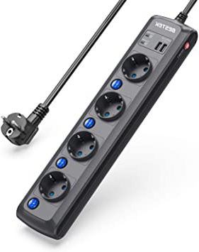BESTEK Regleta de 4 enchufes con interruptor individual y protección contra sobretensiones 2000J, montaje en pared, 4000 W/16 A, cable 1,8 m, color negro