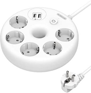 Redondo Regleta de Enchufes con USB - NTONPOWER Regletas con 5 Tomas y 2 USB, Montaje en Pared, Regleta Enchufes co Cable 3 Metros, Protección contra Sobretensión, Enchufe Europeo, Blanco