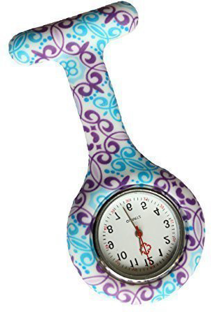 Reloj Médico Reloj Prendedor de Broche de Túnica de Paramédico Doctor Enfermera Silicón de Flores Geométricas Azul & Morado
