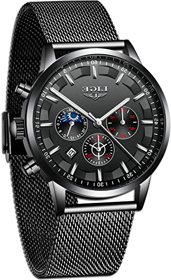 LIGE La Moda Relojes Hombre Negocios Impermeable Cuarzo simulado Reloj Fase Lunar Negro Acero Inoxidable Cinturón de Malla Relojes de Pulsera