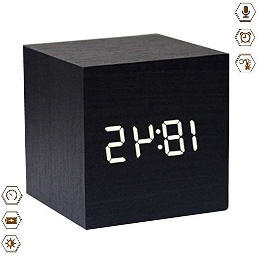 Najiny Mini Cubo Despertadores Digitales Madera Reloj Control de Sonido Luz LED,Muestra La Hora y Temperatura Adecuada para Viajes, Dormitorio de los niños, Hogar, Oficina-Negro