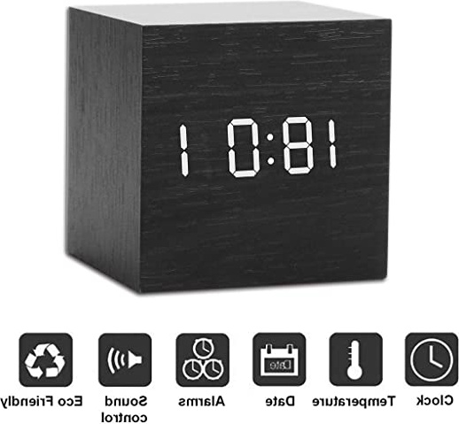 Unionup Reloj Despertador Cubo LED Cubo de Madera Bambú Mini LED Verde Madera Tiempo Digital Temperatura Visualización de la Fecha - Voz y Toque Activado USB/AAA (Negro) (Negro)