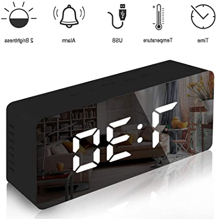 Lambony Reloj Despertador con Espejo Digital con Pantalla LED de Temperatura, Tiempo de repetición, Brillo Ajustable, USB y Funciona con Pilas para Dormitorio, Oficina, Negro(Nueva versión)