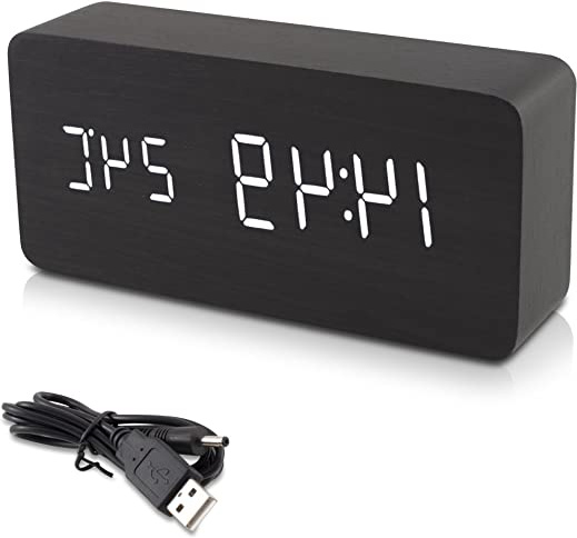 kwmobile Reloj despertador digital - Reloj de madera rectangular con luz LED - Activación táctil y por sonido con indicador de temperatura - Negro