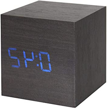 Lanker Reloj Despertador De Madera - Reloj Digital Mini Cubo con Pantalla De Hora/Fecha / Temperatura, Brillo De 3 Niveles Y Control De Voz Ideal para Viajes A La Oficina En El Hogar - AC10Black_Blue