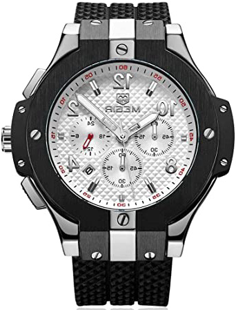 Reloj Megir Militar Grande, Relojes cronógrafo de Cuarzo con Correa Negro de Silicona para Hombre, Impermeable