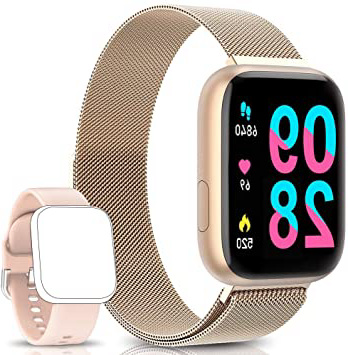BANLVS Smartwatch Reloj Inteligente IP67 con Correa Reemplazable Pulsómetro, Monitor de Sueño, Presión Arterial, 1.4 Inch Pantalla Táctil Completa Reloj Inteligente para Mujer Hombre (Oro)