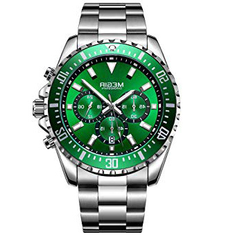 Reloj de Hombre Grande de Plata y Acero Inoxidable, Esfera Verde con cronógrafo, Resistente al Agua y con luz, Reloj para Hombres