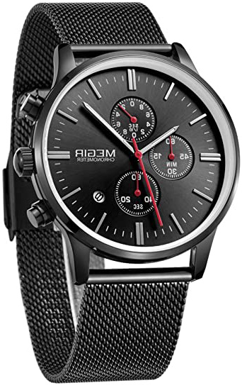 Megir para Hombre Reloj analógico de Cuarzo de Malla de la Pulsera de Acero Inoxidable Hombre de Negocios a Prueba de Agua Reloj de Pulsera con Calendario y Sub-Dial Plata/Negro/Oro