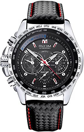 Diseño a la Moda para Hombre Megir Reloj con 3Eye decoración diales y uñas Escala Cuarzo (Negro)
