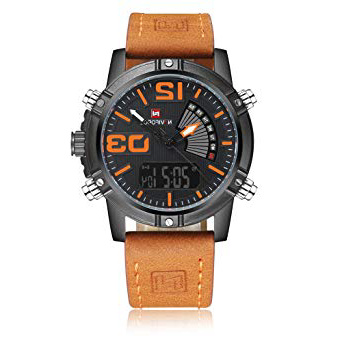 Reloj para hombre, de Naviforce, de estilo deportivo militar, analógico, digital, con correa de piel, doble zona horaria, alarma, temporizador, luz LCD de color naranja