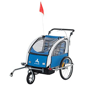 HOMCOM Remolque Infantil para Bicicleta 2 PLAZAS Rueda Giratoria 360° y Amortiguadores CON BARRA INCLUIDA Kit de Footing COLOR Azul