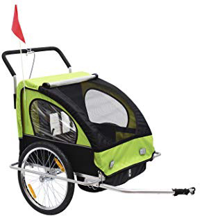 HOMCOM Remolque para Niños Dos PLAZAS con Amortiguadores Carro para Bicicleta con Barra INCLUIDA y Kit de Footing Color Verde y Negro