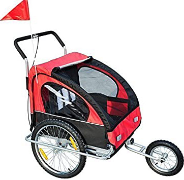 HOMCOM Remolque para Niños 2 PLAZAS con Amortiguadores Carro para Bicicleta CON BARRA INCLUIDA y Kit de Footing COLOR ROJO Y NEGRO