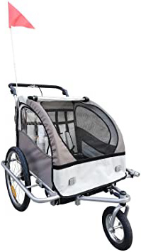 Remolque Infantil para Bicicleta 2 PLAZAS Rueda Giratoria 360° Amortiguadores Barra INCLUIDA Kit Footing Beige