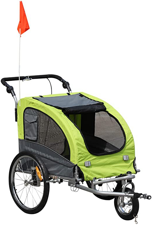 Pawhut Remolque Bicicleta Perros Carro Cochecito para Transporte Mascota 2 en 1 con Barra de Paseo Amortiguador Rueda Giratoria 360° Reflectores Carga Máx. 30kg