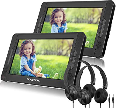 PUMPKIN 10.1" Reproductor de DVD Coche para Niño con 2 Auriculares y 2 Pantallas, DVD Portátil Reposacabezas de Coche, soporta Tarjeta SD y USB Región Libre