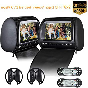 Reproductor de DVD para reposacabezas de coche de 2 x 9 pulgadas, 1080P, cubierta de piel para niños, con cremallera, juego transmisor de FM e IR, sin regiones, Con 2 auriculares IR